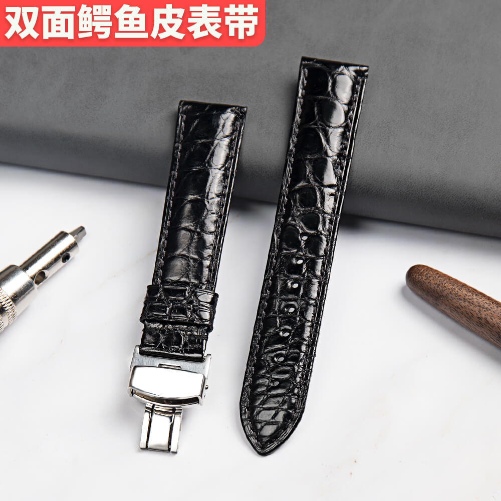 双面鳄鱼皮表带美度万国积家男天梭真皮浪琴女适配欧米茄定制适用
