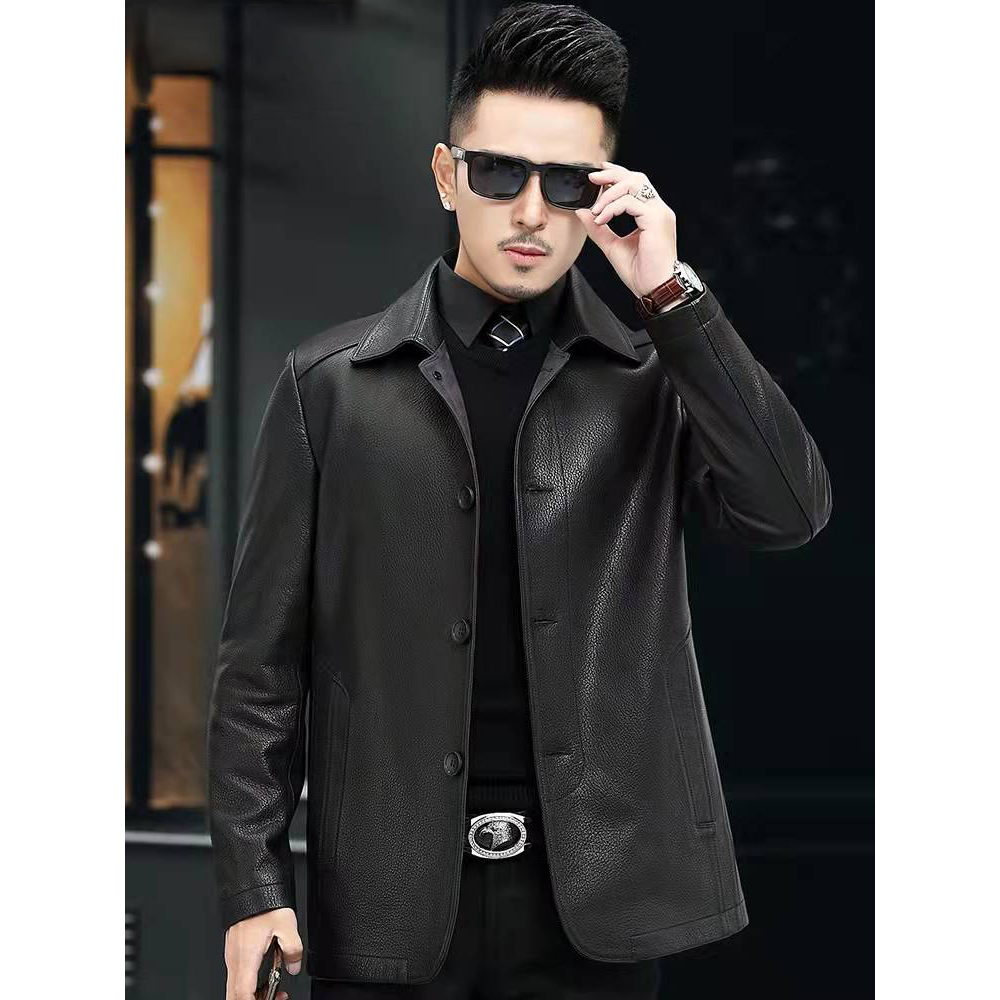 20070海宁头层山羊皮男秋冬季男士中长款带扣外套可拆卸90白鸭绒