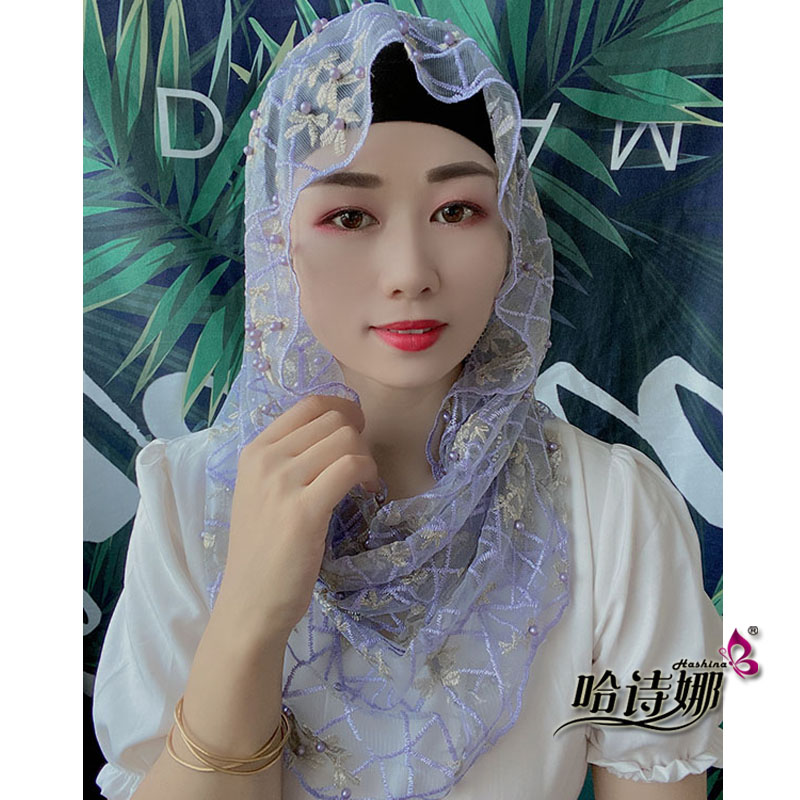 哈诗娜哈诗娜新款绣花套头盖头发帽子网纱帽围脖G0502