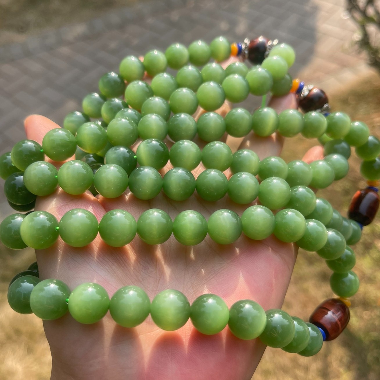 和田玉碧玉粉绿猫眼108颗颈饰