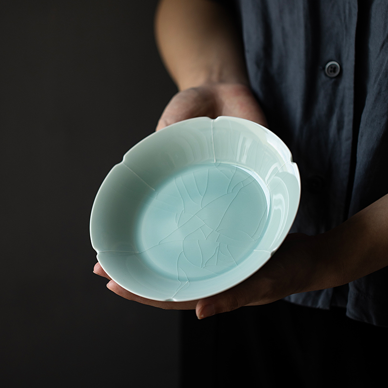 仿宋青釉湖田窑口雕刻壶承杯托手工花瓣纹图案壶干泡台茶道配件