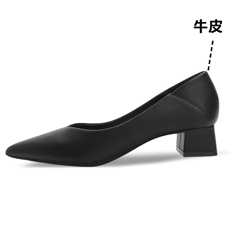 牛皮粗跟尖头矮跟高跟鞋黑色真皮职业工作鞋女软皮单鞋软底皮鞋