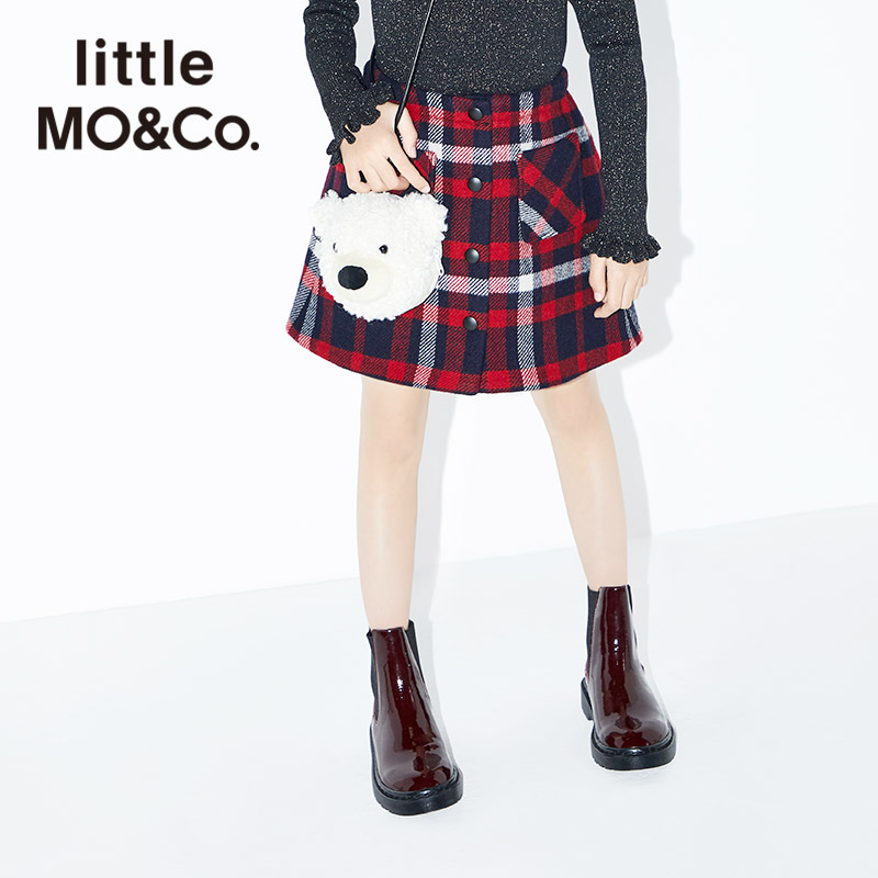 little moco童装秋冬格纹半身裙洋气短裙呢子半裙红色#KBO4SKT004