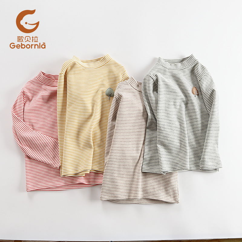  宝宝舒绒棉加厚秋衣男女大童长袖T恤中领半高领打底衫条纹秋冬款