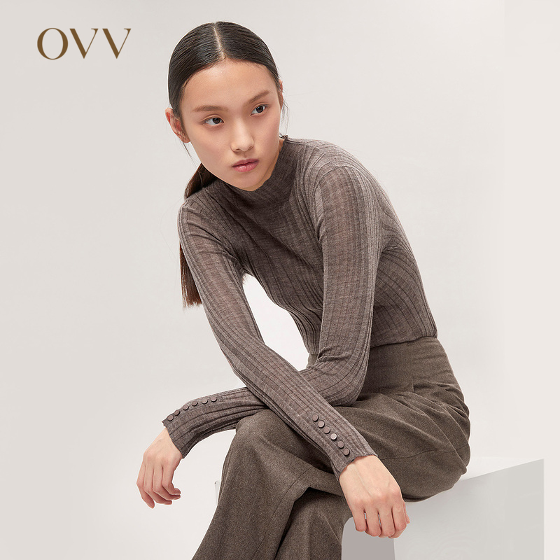OVV女装秋冬不规则抽条修身半高领保暖羊毛长袖针织衫GNZAJ31104A
