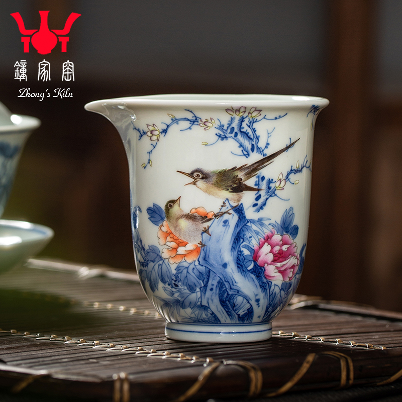 钟家窑陶瓷公道杯手绘青花斗彩国色天香花鸟茶海公杯