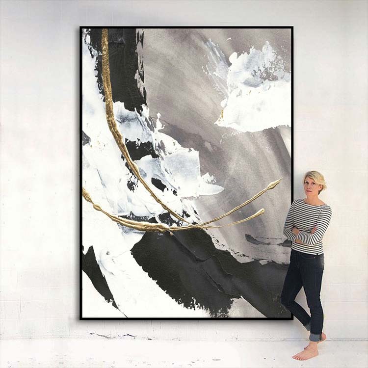 大芬油画村玄关黑白简约抽象手绘轻奢装饰画客厅油画客厅装饰画