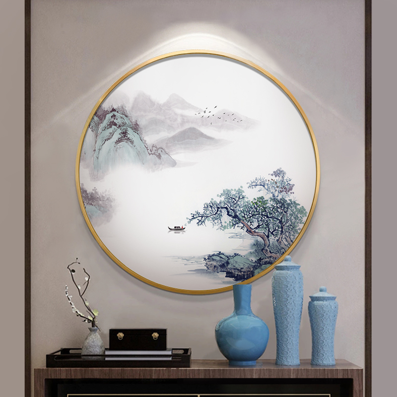 【圆形】醉美江南，新中式玄关装饰画书房山水画茶室走廊过道壁画