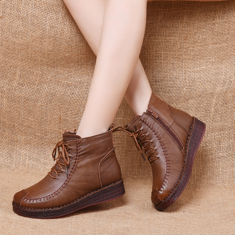 牛筋防滑软底妈妈棉鞋百搭平跟厚底手工复古女士真皮冬季加绒短靴