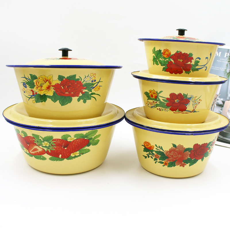 网红草莓蛋糕盆老式搪瓷黄盖盆复古怀旧加厚带盖搪瓷油泼辣子碗盆