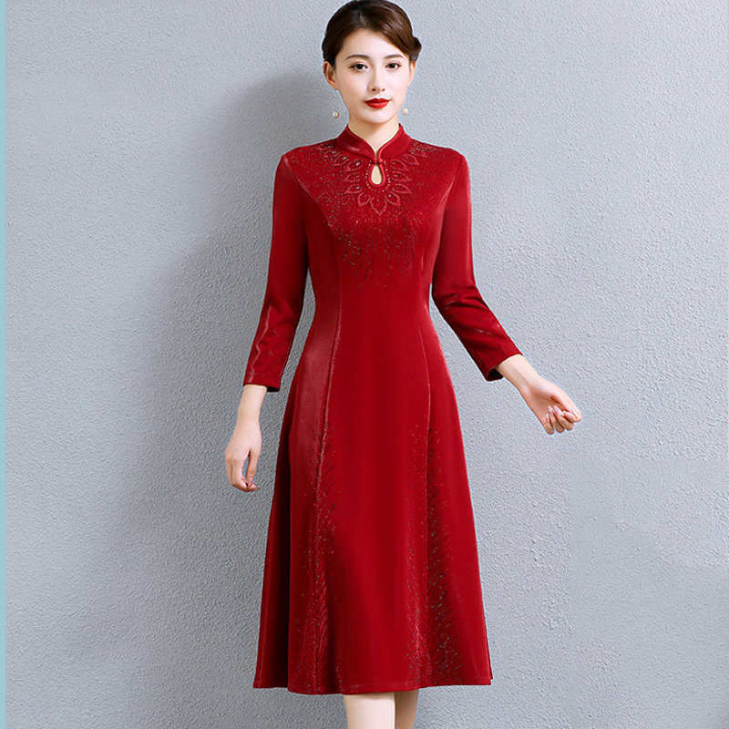 亮丝烫钻钉珠显瘦遮肚子连衣裙妈妈装喜婆婆婚礼礼服春秋装高贵