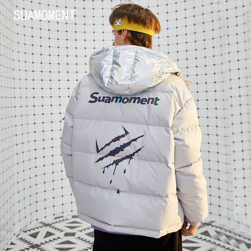 Suamoment抓痕镭射反光折翼天使男轻薄羽绒服ins情侣潮牌020D022