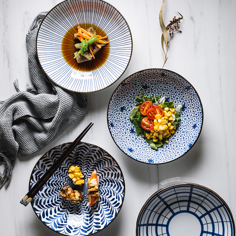 青花瓷家用釉下彩陶瓷8英寸深菜盘餐盘汤盘碟子盘子盘子餐具