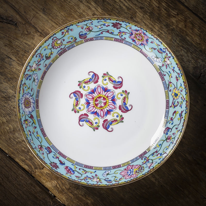 景德镇陶瓷中式家用8寸深菜盘平盘金边珐琅彩餐具描金款手工收藏
