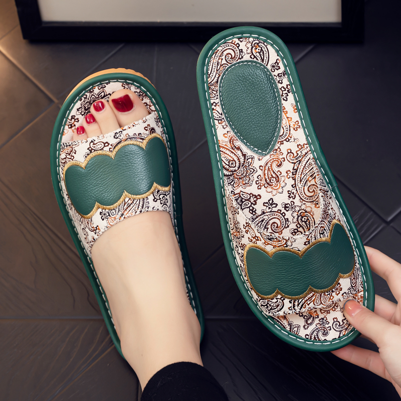 夏季绣花居家用真皮拖鞋男女凉拖鞋室内家居防滑防臭软底情侣拖鞋