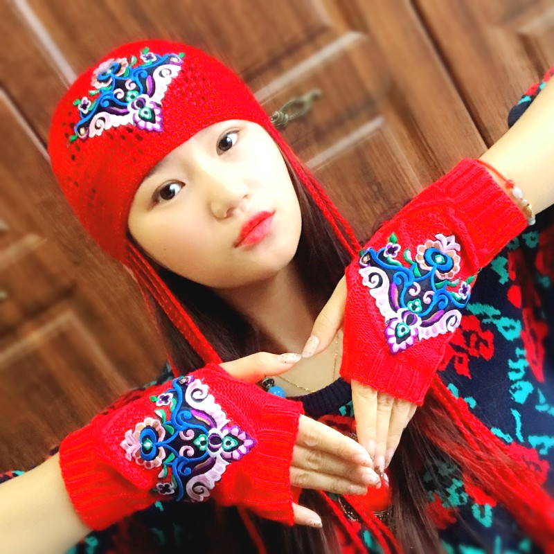 国风护手护腕复古民族风刺绣中长筒纯手工半指露指手套时尚红色