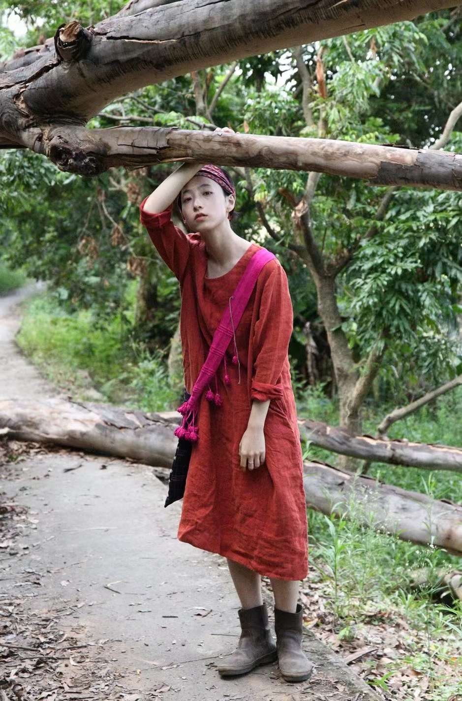 7折款左岸迷香亚麻连衣裙5019红色复古文艺宽松简约百搭