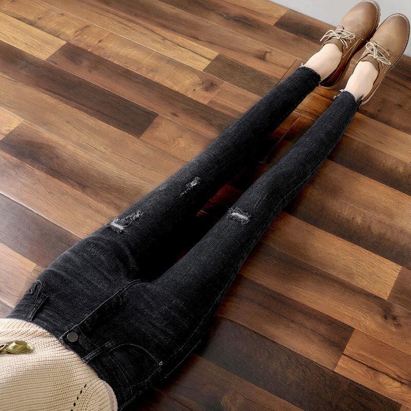 春秋季显瘦小脚牛仔裤女黑色韩版破洞紧身弹力八分小个子九分裤