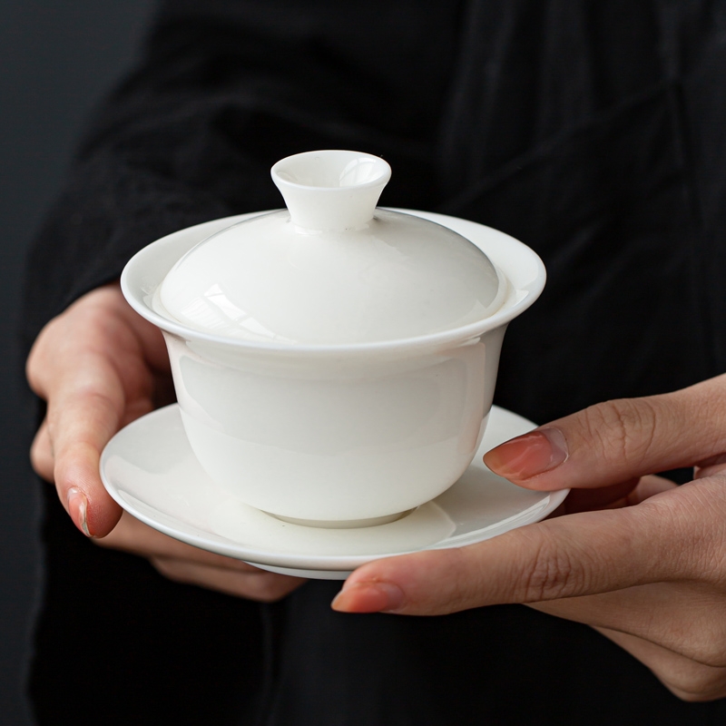 白瓷茶碗180cc盖碗三才盖碗手工纯白泡茶碗陶瓷带盖大号茶盖碗_珠宝文玩 