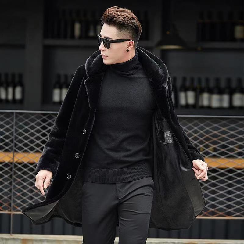 连帽纽扣款长款欧貂绒大衣男士貂绒大衣冬季大码男装时尚休闲黑色
