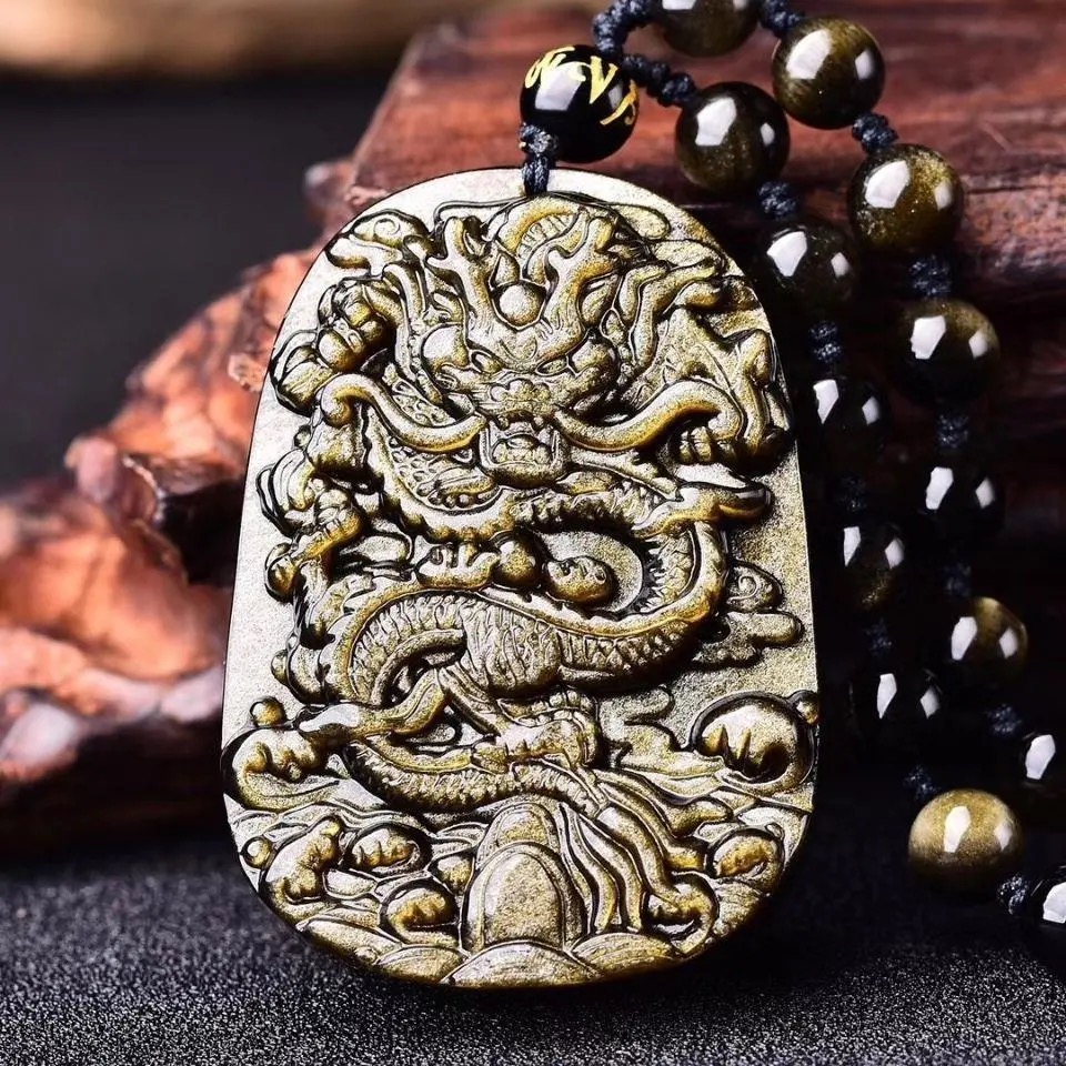 天然龙牌黑金曜石霸王生肖真龙吊坠项链男水晶挂件