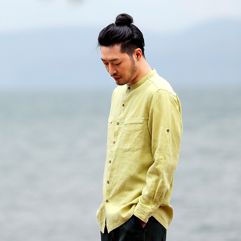 楠中国风男装衬衫中式苎麻春季长袖薄款新款宽松上衣文艺衬衣尘望