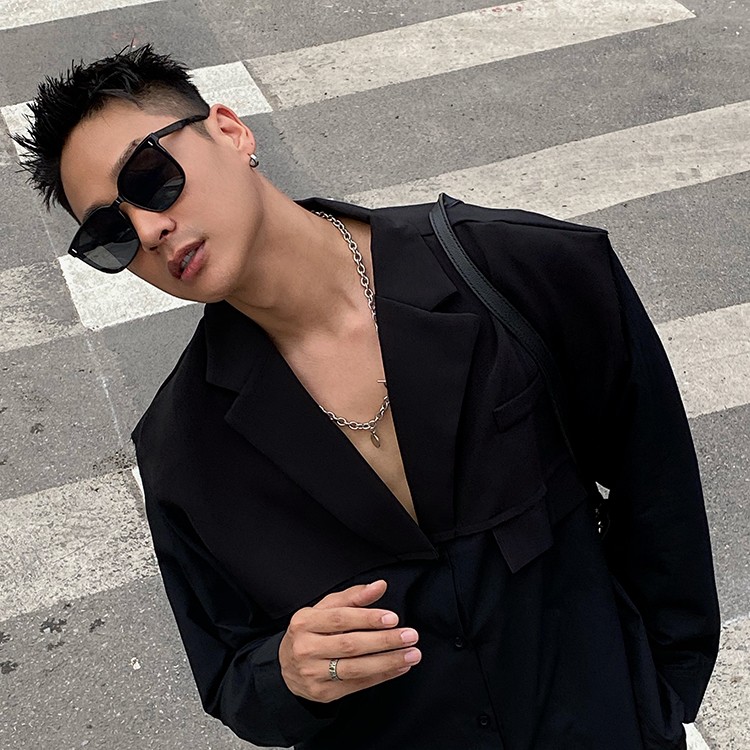 宋春江同款 假两件西装领拼接设计时尚潮宽松单排扣垫肩长袖衬衫