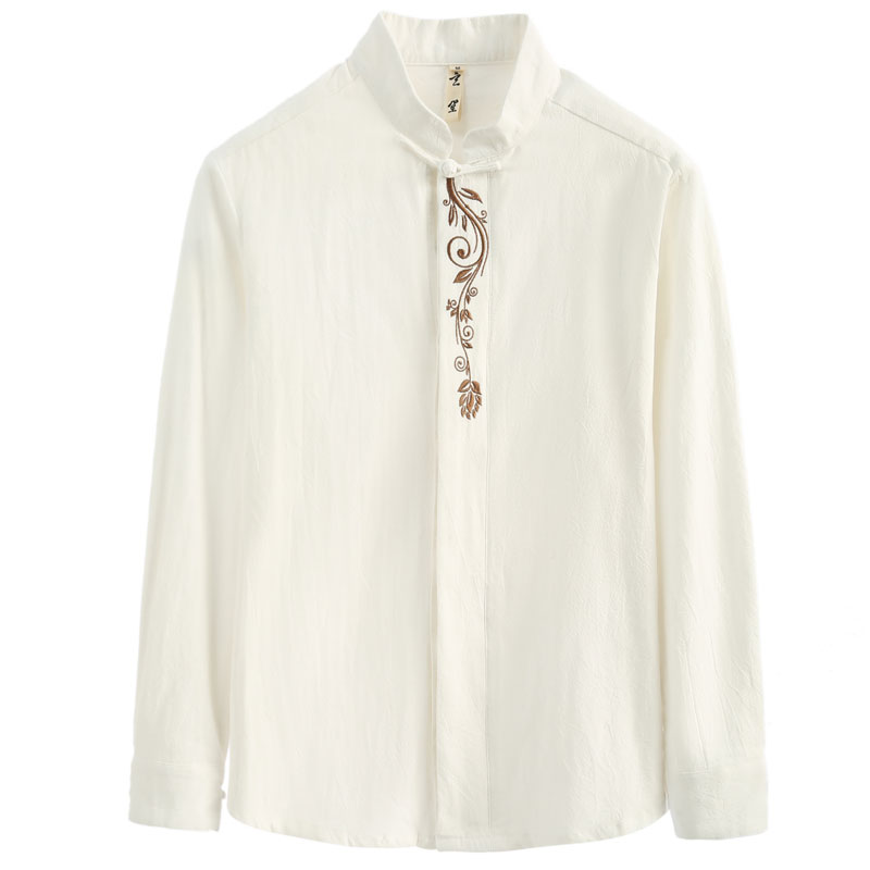 春季唐装男衬衣中式复古改良打底衫棉麻刺绣长袖衬衫男中国风男装