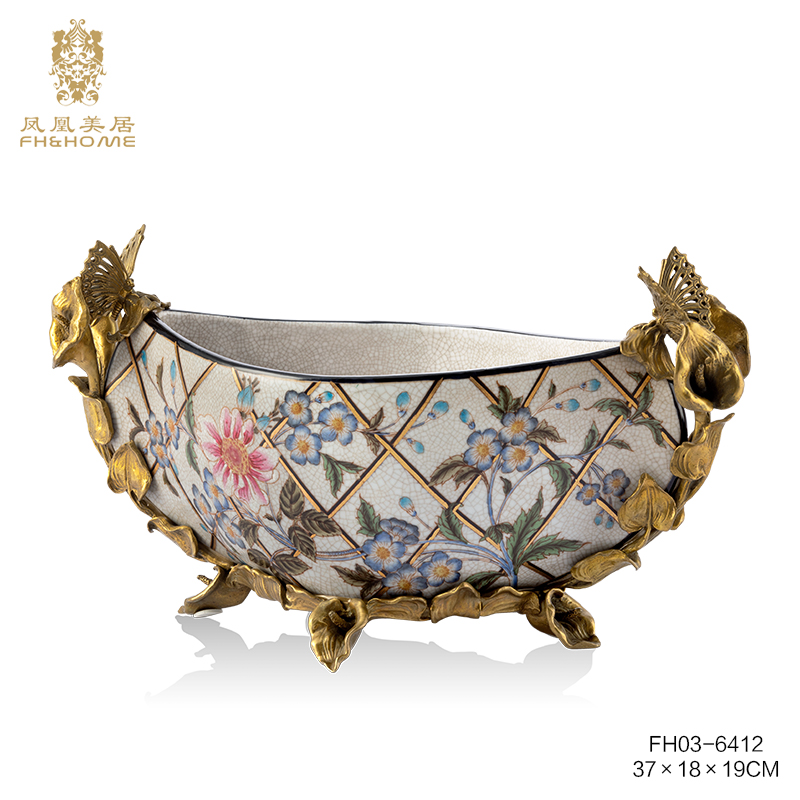 FH&HOME/凤凰美居奢华欧式东篱花菱形盆半圆形高脚铜底座花盆摆件