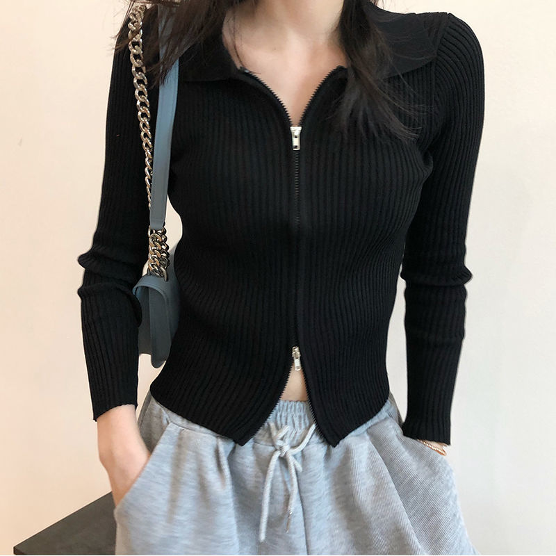 polo领针织开衫女薄款2025春秋新款修身显瘦短款双头拉链拉链上衣