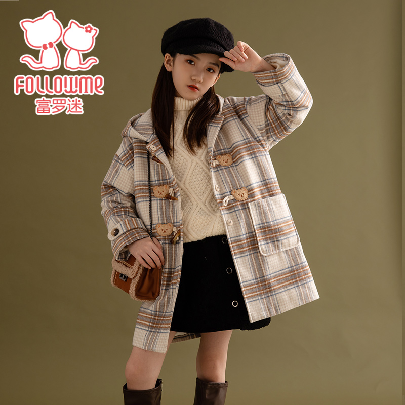 富罗迷格子外套女童呢大衣格子衣服外套F2D7822F