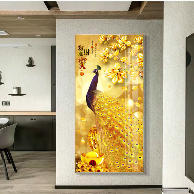 轻奢入户玄关装饰画孔雀走廊挂画寓意好吉祥客厅过道大幅竖版壁画