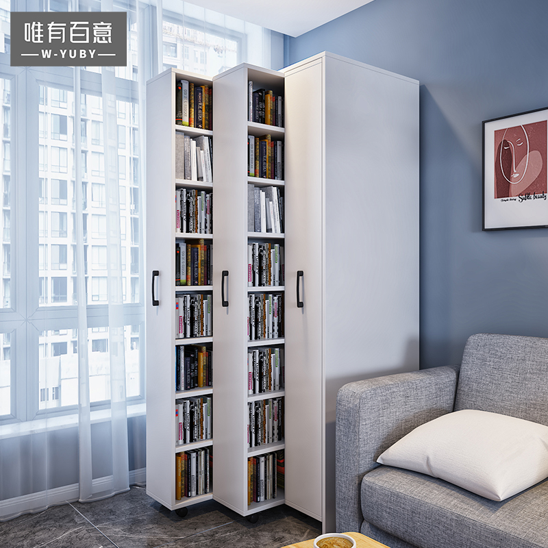 北欧三层推拉可移动抽拉书柜抽屉式带轮落地书橱隐藏式伸缩书架