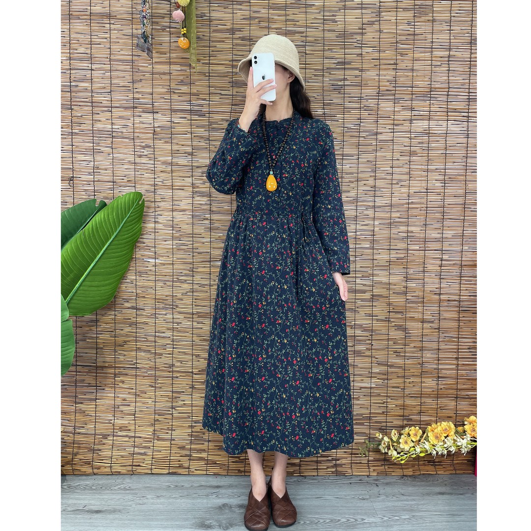 兰奈【磨毛棉麻】长袖抽绳连衣裙【裙长110左右】宽松时尚碎花春秋