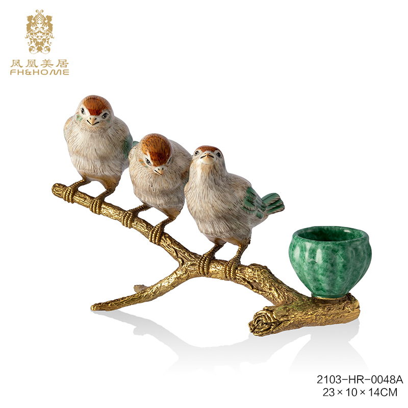 FH&HOME/凤凰美居欧式法式浪漫创意精美手工铜雕配瓷喜鹊列烛台