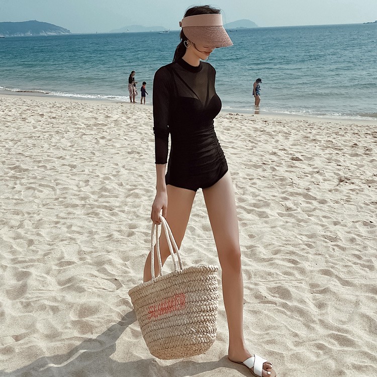 美亦舒2025新款女士修身显瘦遮肚长袖适合女式遮肉泳衣 蕾丝